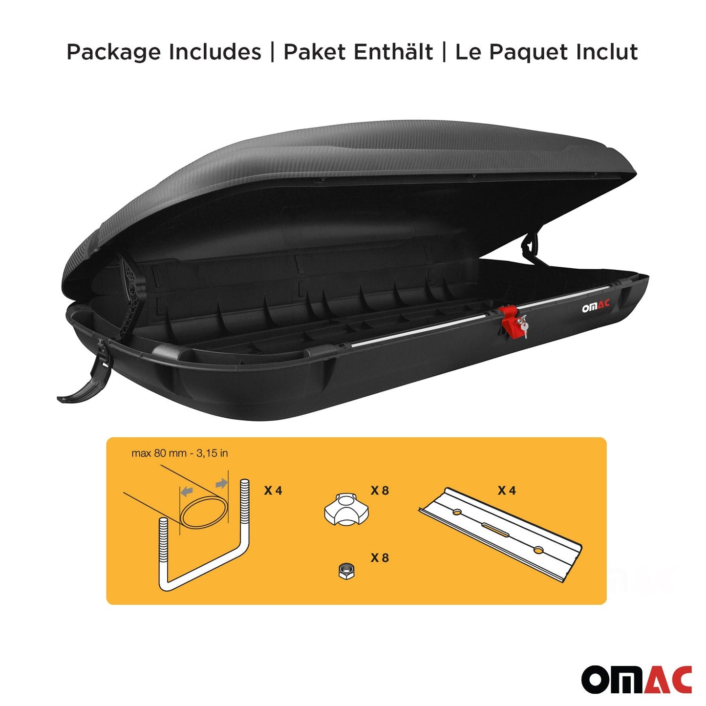 Cutie de plafon OMAC, cutie de plafon, cutie pentru bagaje, 480 litri, aspect carbon, încuiabilă, cutie auto