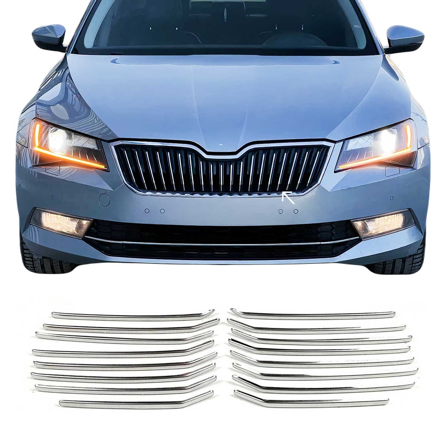 Kühlergrill Leisten Grillleisten für Skoda Superb 2015-2019 Edelstahl Silber 16x