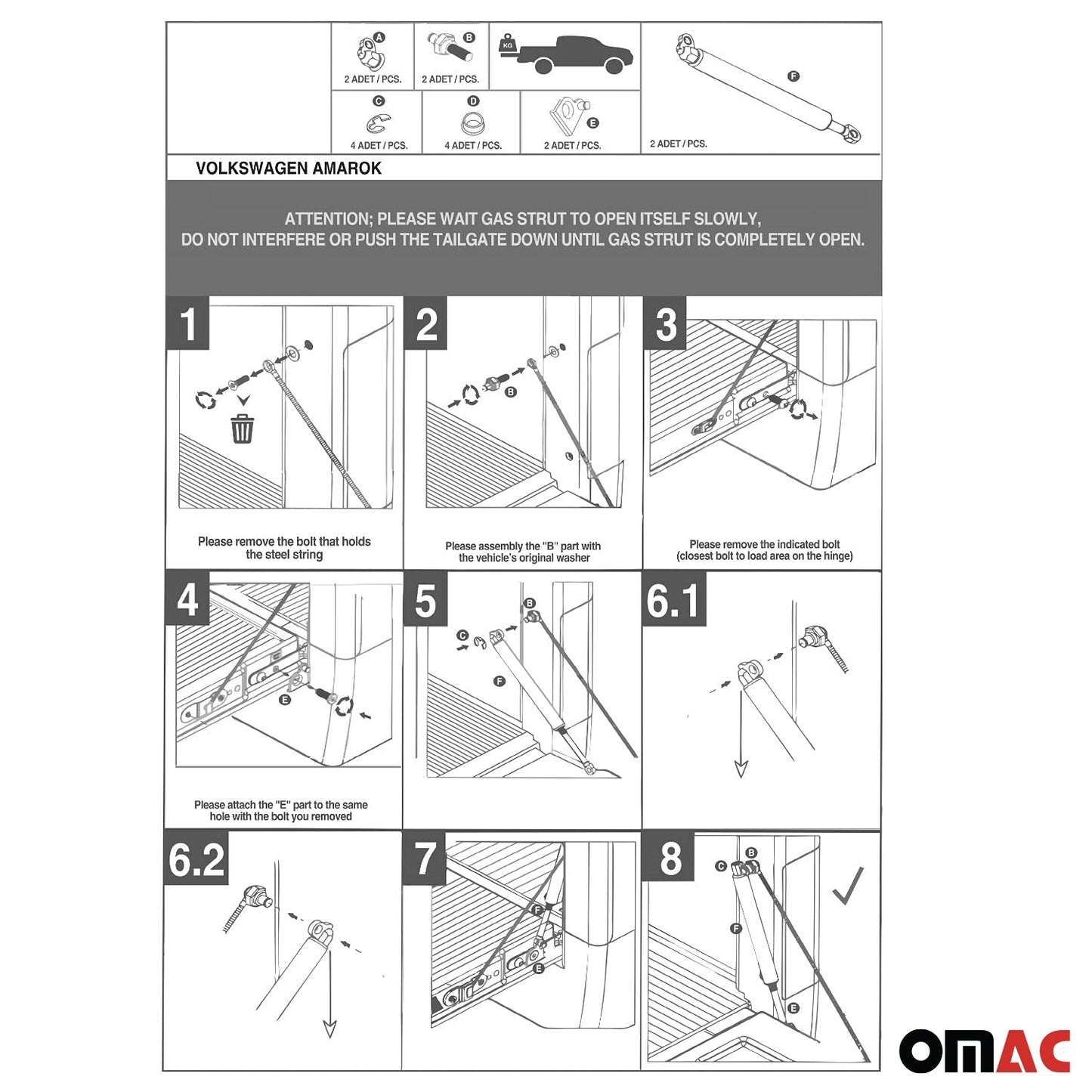 2x Amortizoare hayon cu arcuri pe gaz pentru VW Amarok 2010-2021 din oțel inoxidabil