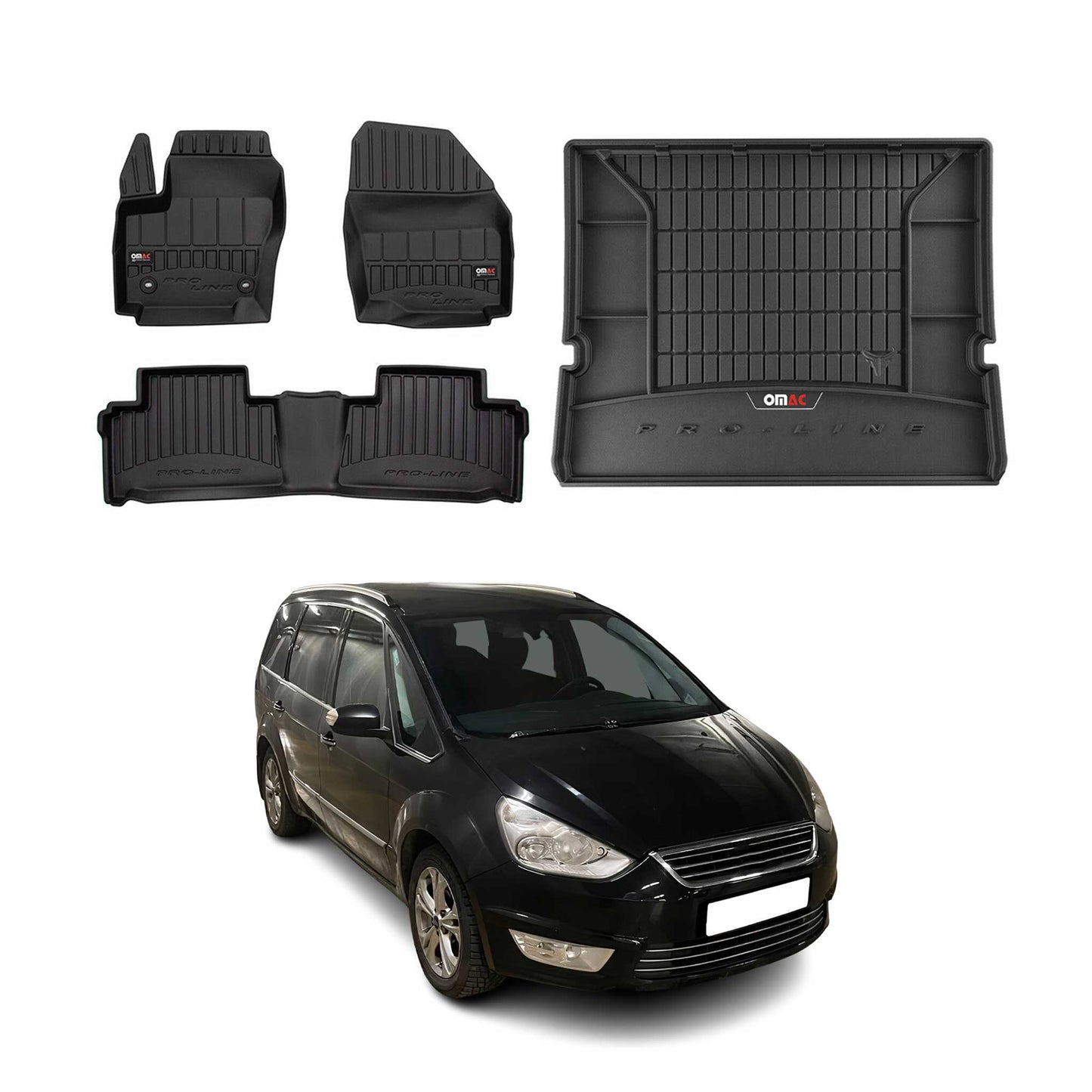OMAC Fußmatten & Kofferraumwanne Set für Ford Galaxy 2006-2015 Gummi Schwarz 4x