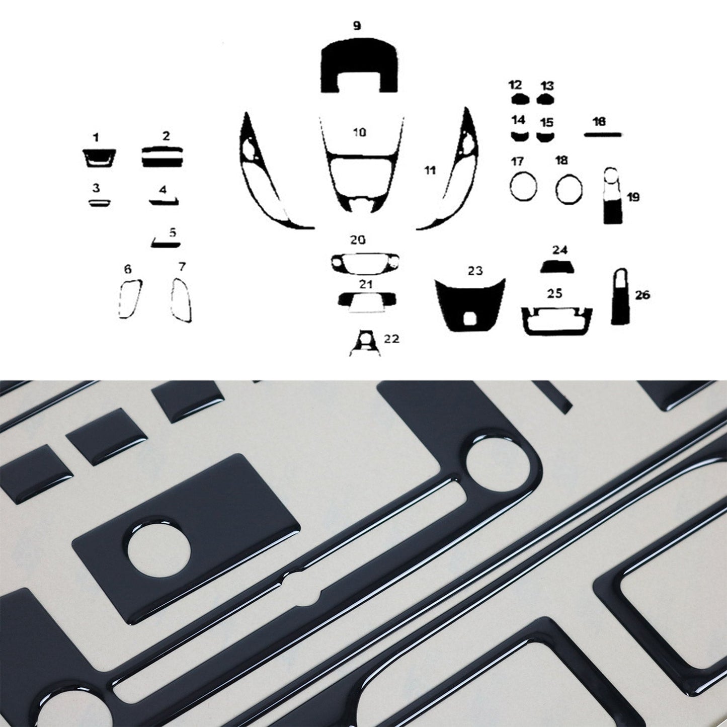 Ornamente interioare cockpit pentru Ford Tourneo Courier 2014-2018, aspect negru, 26x