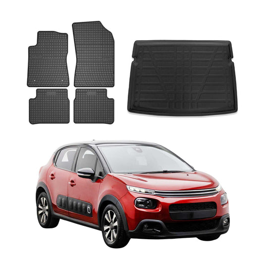Fußmatten & Kofferraumwanne Set für Citroen C3 Schrägheck 2016-2024 Gummi 5x