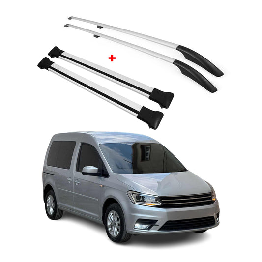 Dachreling + Dachträger SET für VW Caddy 2015-2020 Kurzer Alu Silber 4tlg