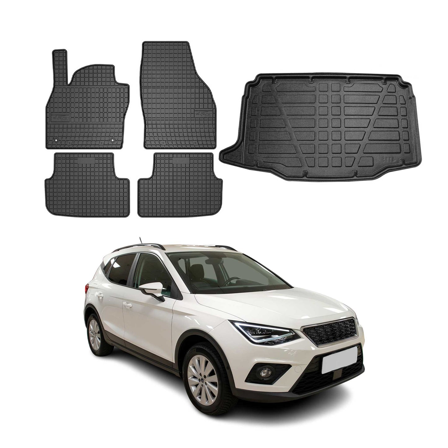 Set covorașe și tapițerie portbagaj pentru Seat Arona 2017-2025, cauciuc inferior, negru, 5x