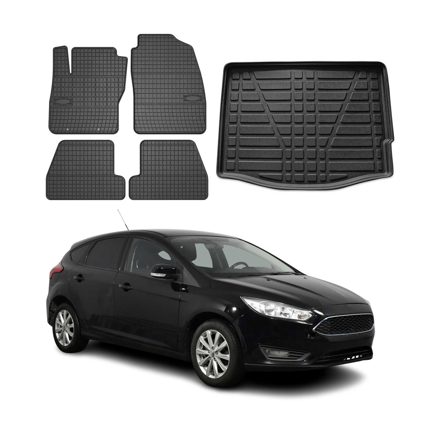 Set covorașe și portbagaj din cauciuc pentru Ford Focus mk3 2011-2018 cu cinci uși
