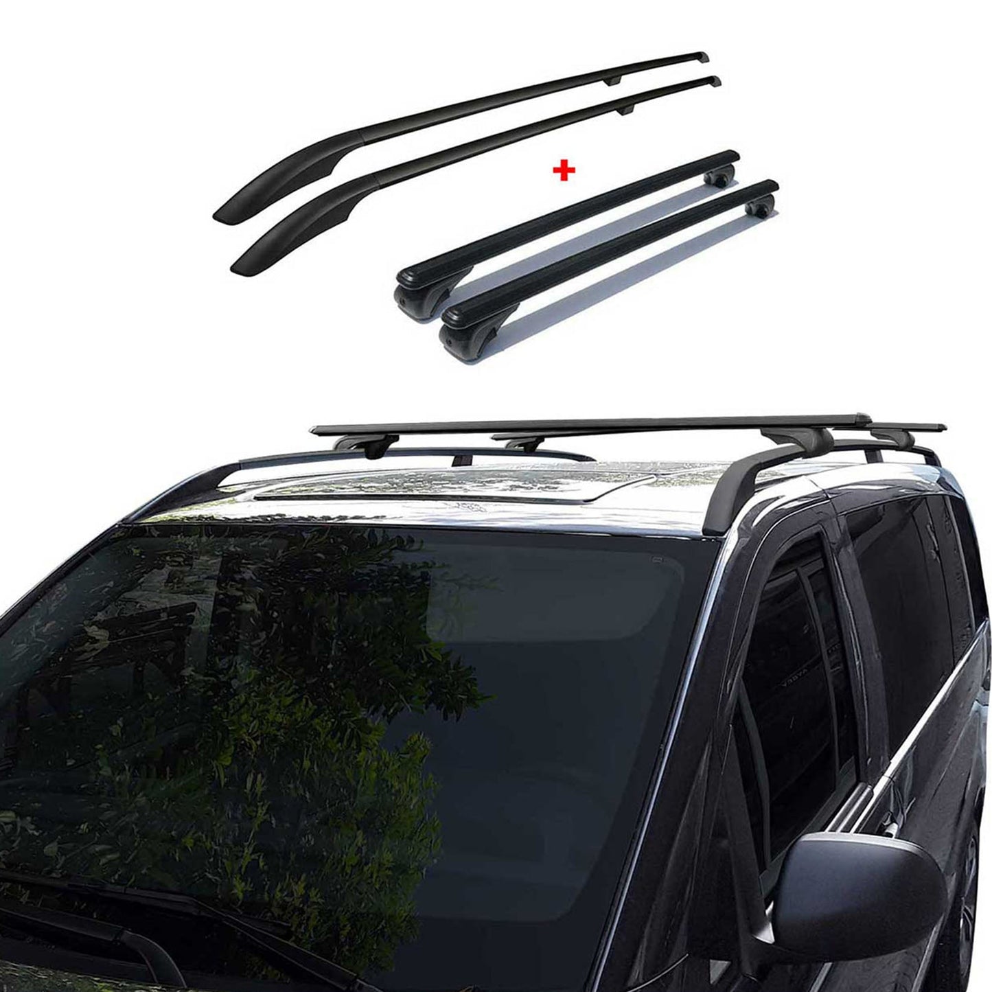 Dachreling + Dachträger SET für VW Caddy 2003-2015 Kurzer Aluminium Schwarz 4tlg