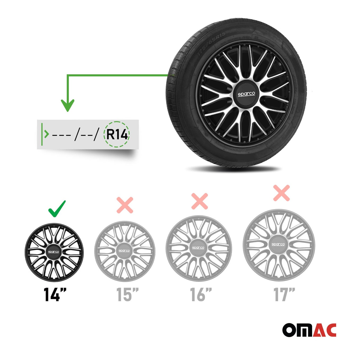 Radkappen Radzierblenden Sparco Roma 14" Zoll Abdeckung Set Silber Schwarz 4x