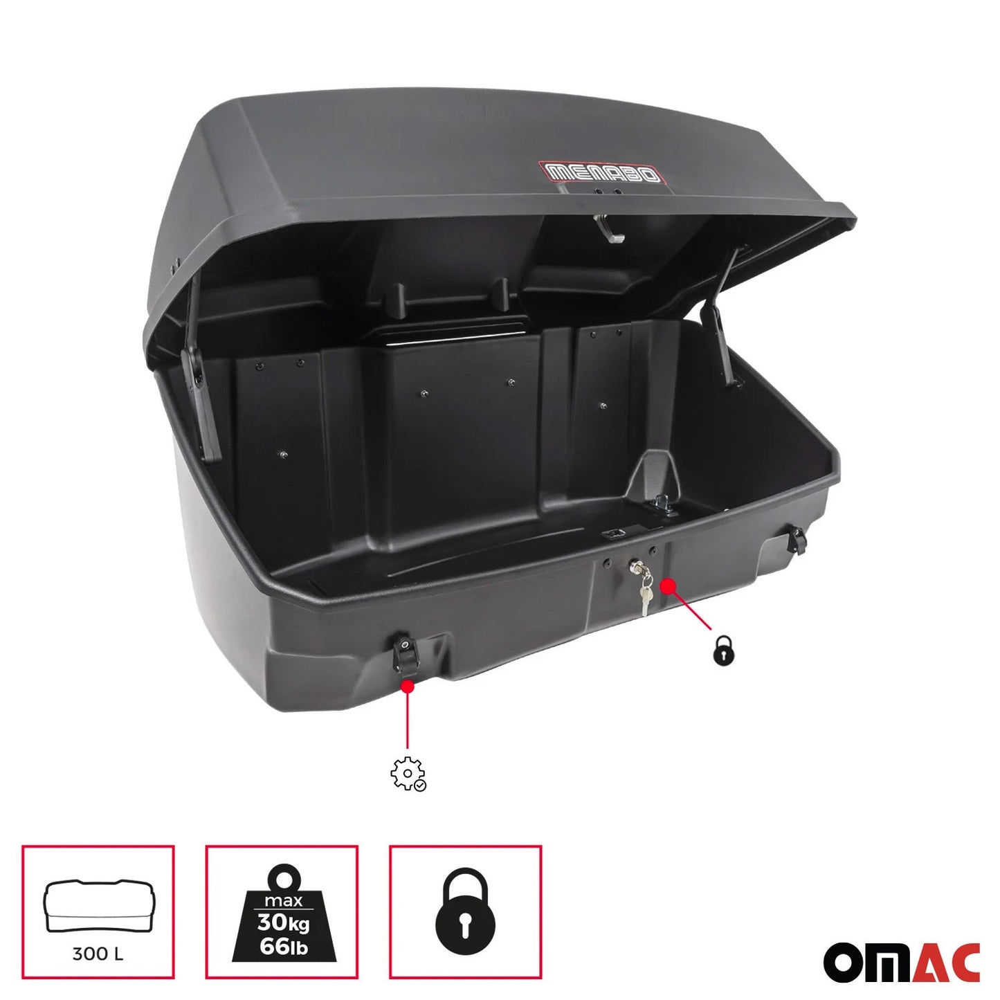 Bagażnik tylny Menabo, skrzynia tylna, skrzynia transportowa, bagażnik tylny, skrzynia samochodowa, czarny, Mizar 300L