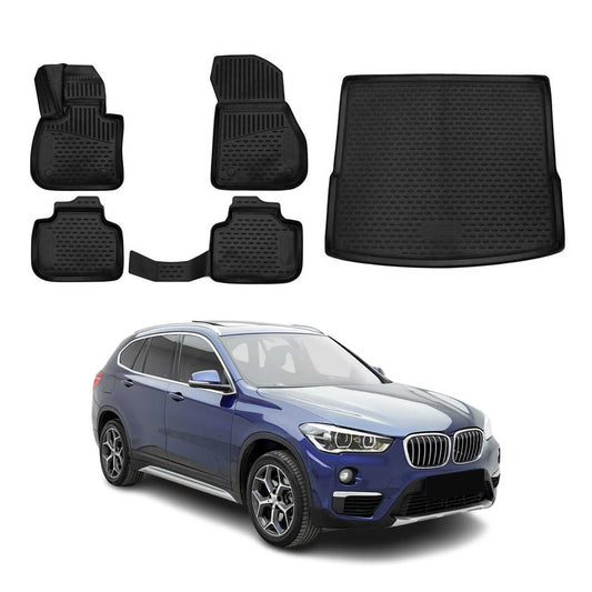 Fußmatten & Kofferraumwanne Set für BMW X1 F48 2015-2022 Gummi TPE Schwarz 5x