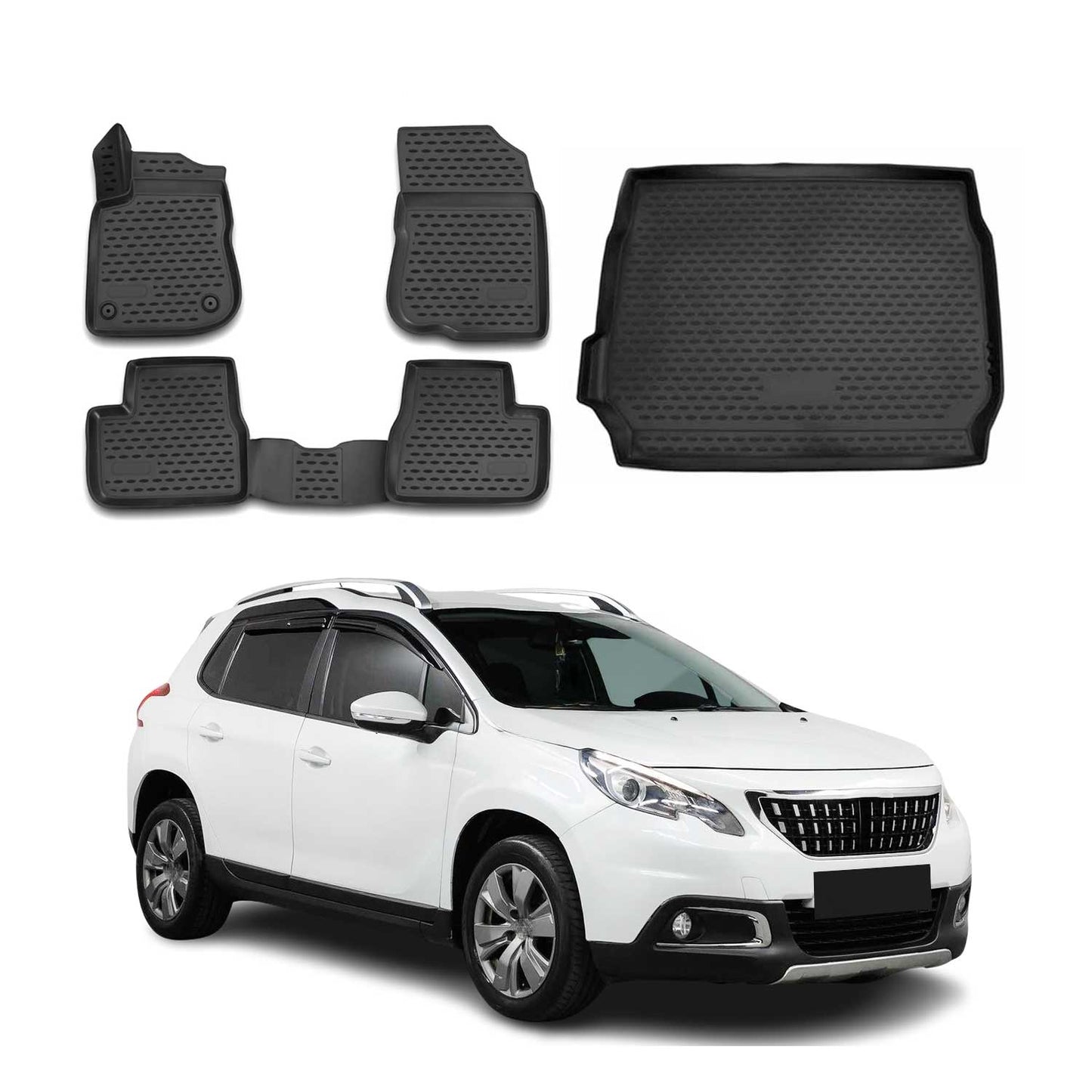 Set covorașe și tapițerie portbagaj pentru Peugeot 2008 2013-2020, cauciuc TPE, negru, 5x