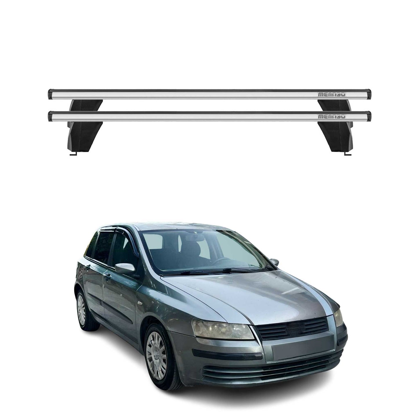 Bagażnik dachowy Menabo do Fiata Stilo 2001-2010 5-drzwiowy 75 kg aluminiowy srebrny 2-częściowy
