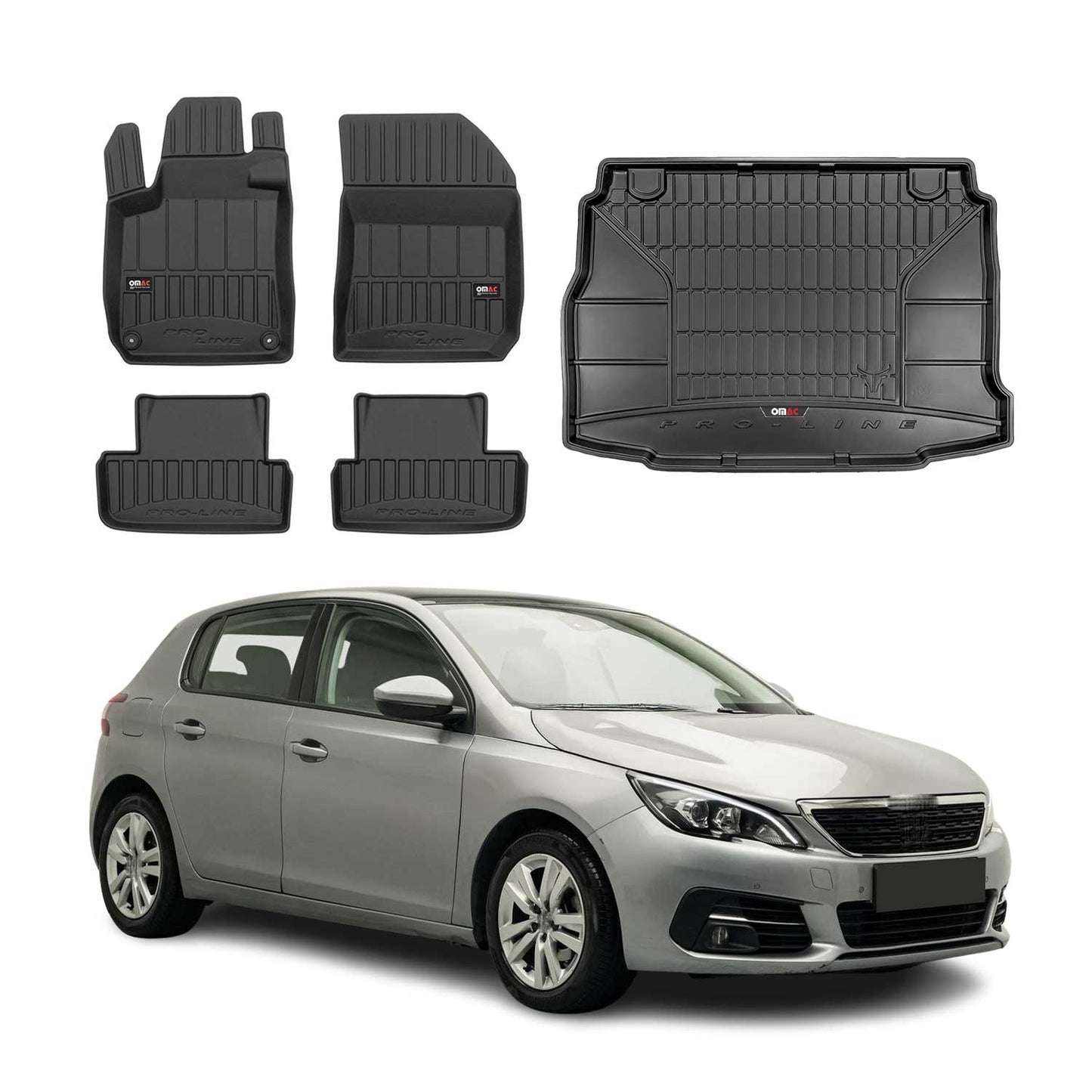 OMAC Fußmatten & Kofferraumwanne Set für Peugeot 308 2013-2025 Gummi Schwarz 5x