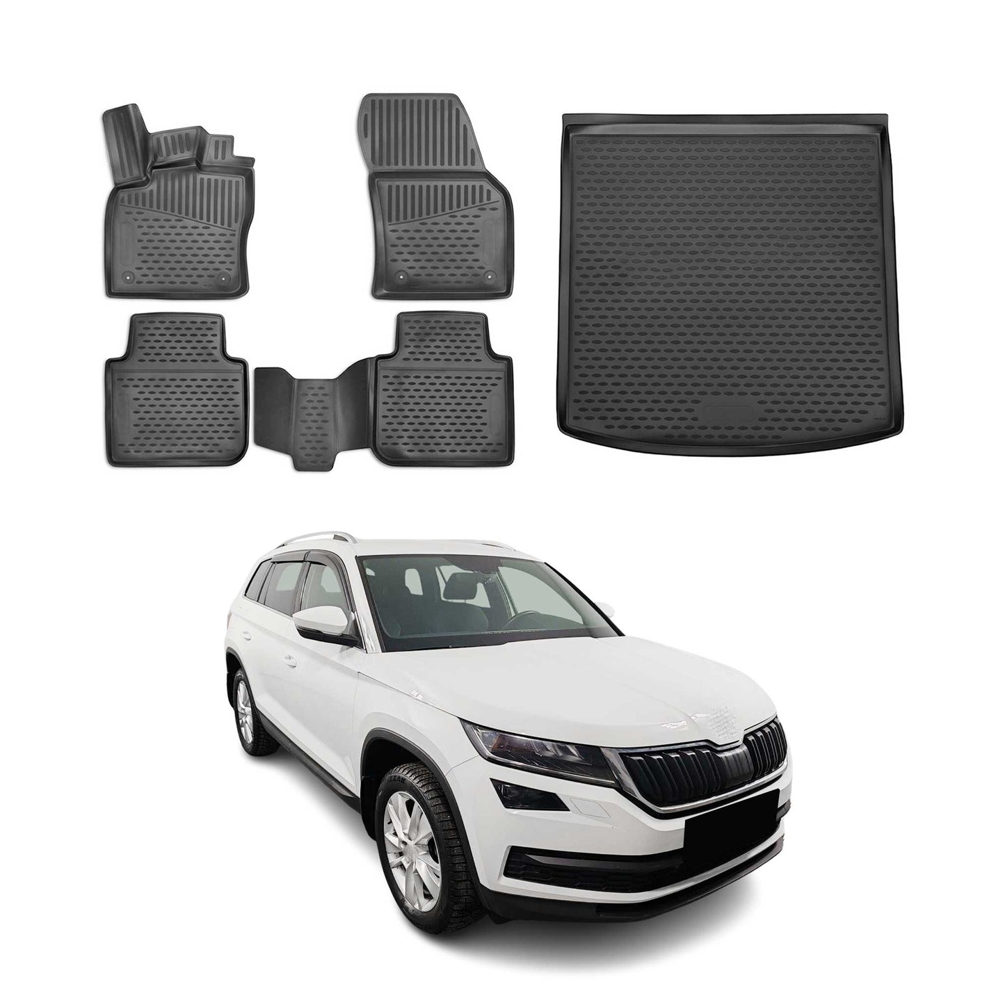 Set covorașe și tapițerie portbagaj pentru Skoda Kodiaq 2016-2025, cauciuc TPE, negru, 5x