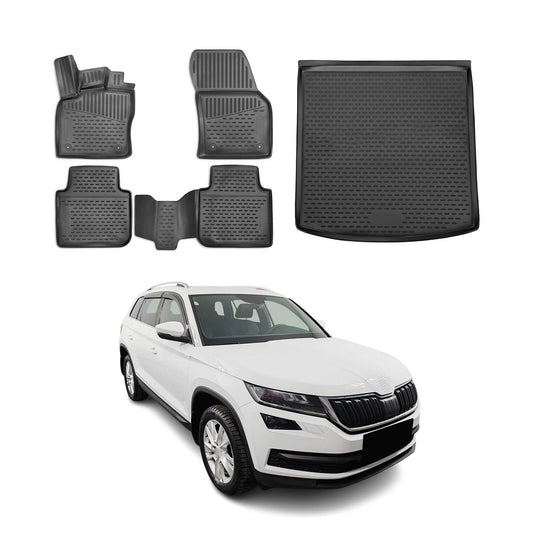 Set covorașe și tapițerie portbagaj pentru Skoda Kodiaq 2016-2025, cauciuc TPE, negru, 5x