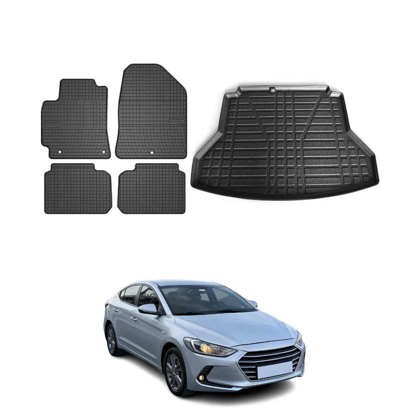Set covorașe și tapițerie portbagaj pentru Hyundai Elantra 2015-2025, cauciuc, negru, 5 buc.