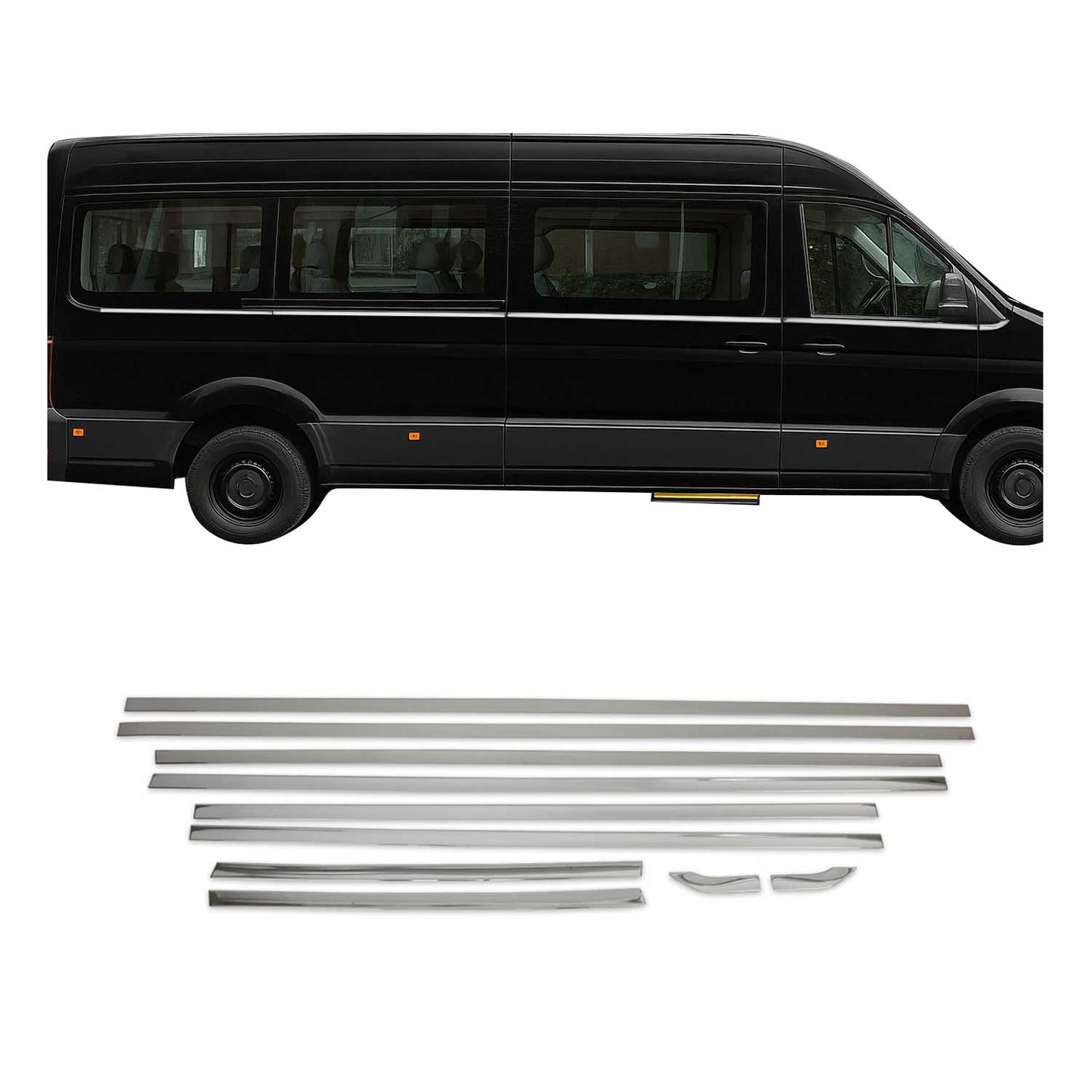 Benzi decorative pentru geamuri VW Crafter 2017-2025 ampatament L3/L4, cromate, 10 bucăți