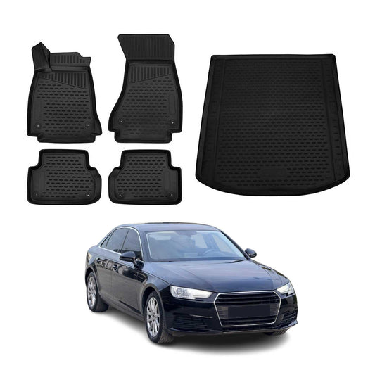 Set covorașe și portbagaj pentru Audi A4 S4 B9 Sedan 2015-2025, cauciuc, negru