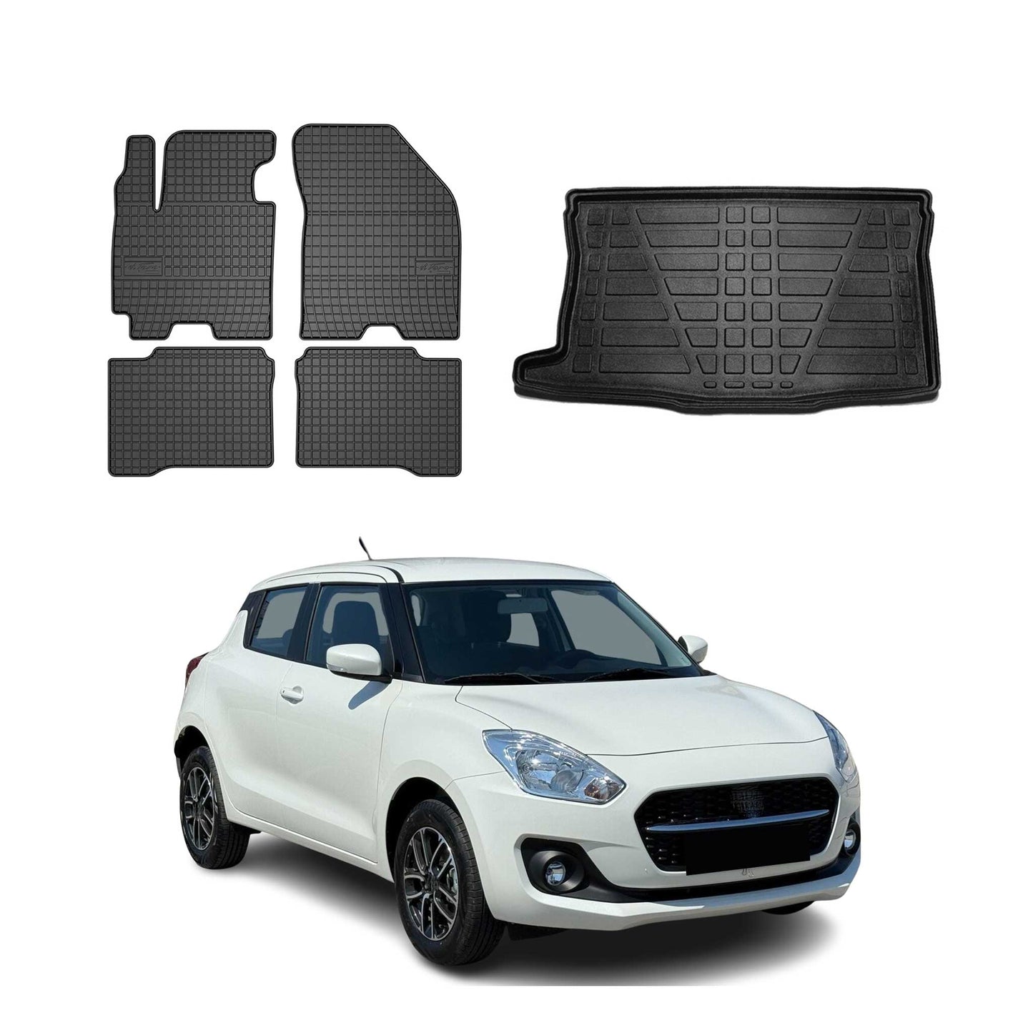 Fußmatten & Kofferraumwanne Set für Suzuki Swift 2018-2025 Gummi TPE Schwarz 5x