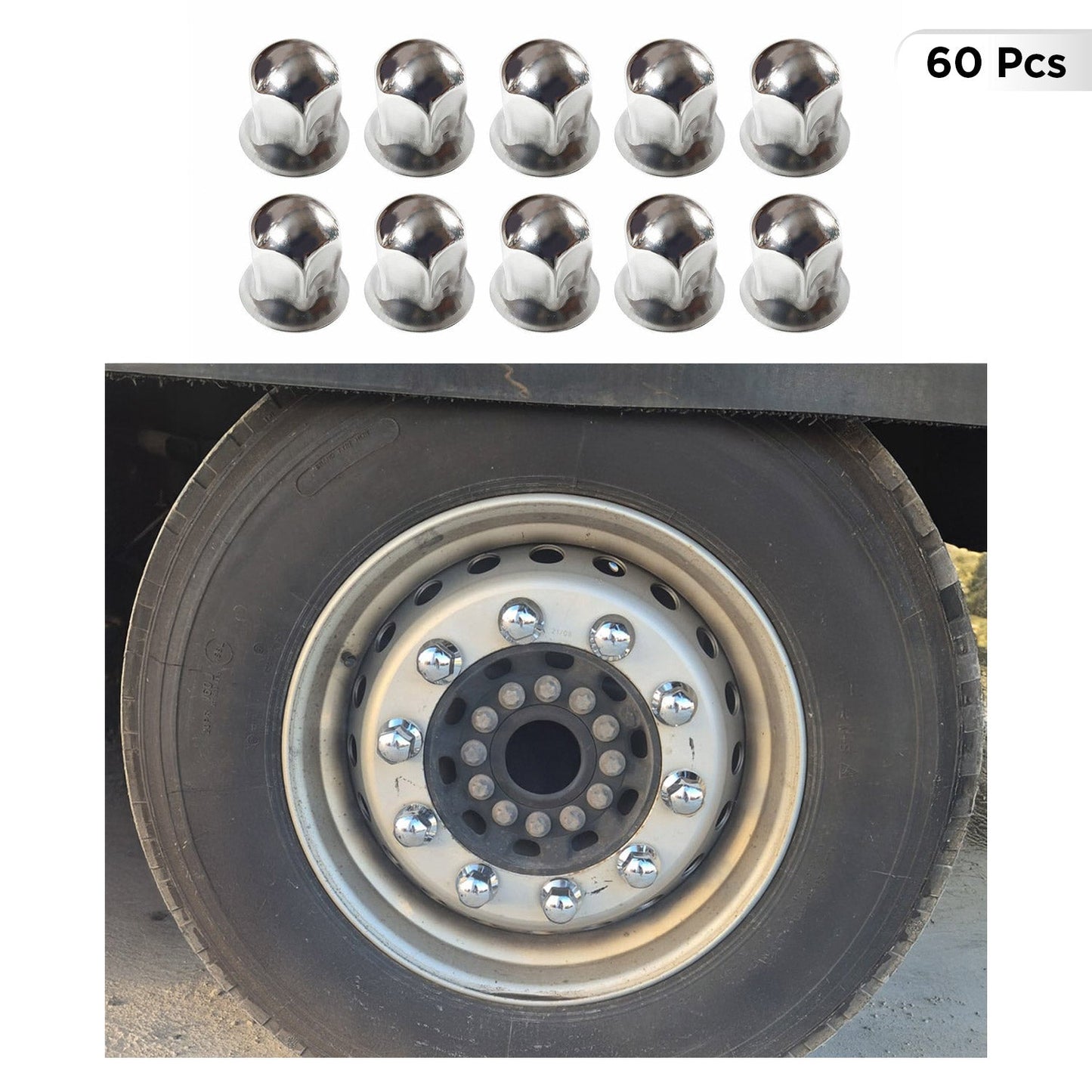 60x Glänzend Chrom Radmutterkappen Schutz Ø33mm für hohe Schrauben / LKW