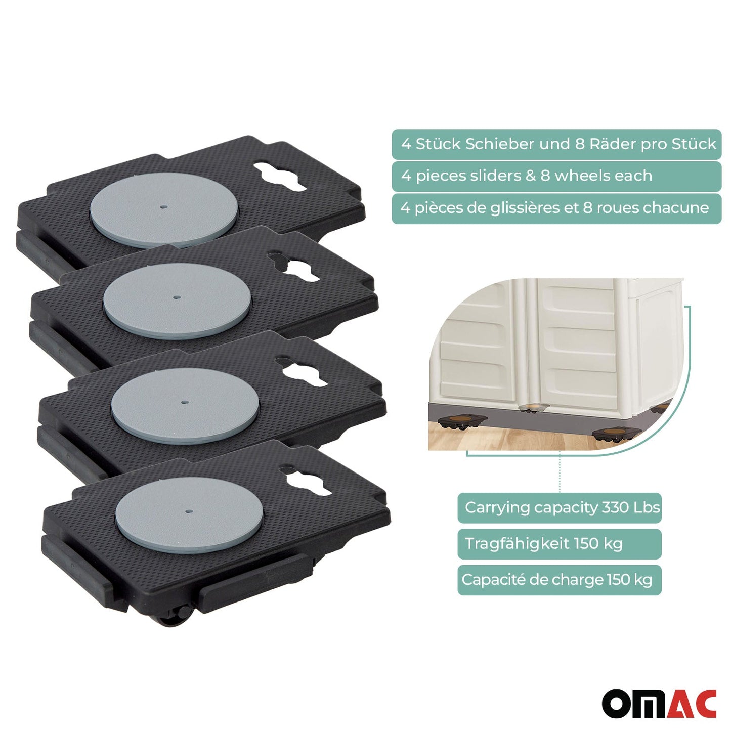 Wózek do transportu mebli 150 kg, wózek meblowy, podwozie transportowe, podnóżek, zestaw 4 szt.