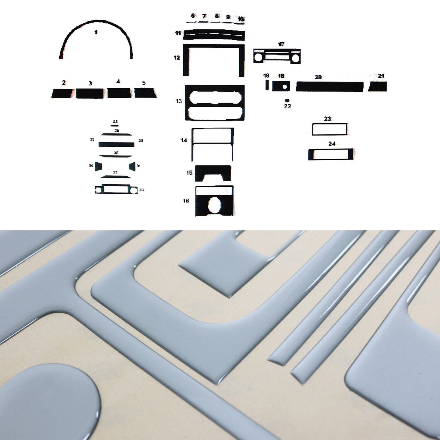 Ornamente interioare cockpit pentru VW Crafter 2006-2017, aspect aluminiu, 33 bucăți