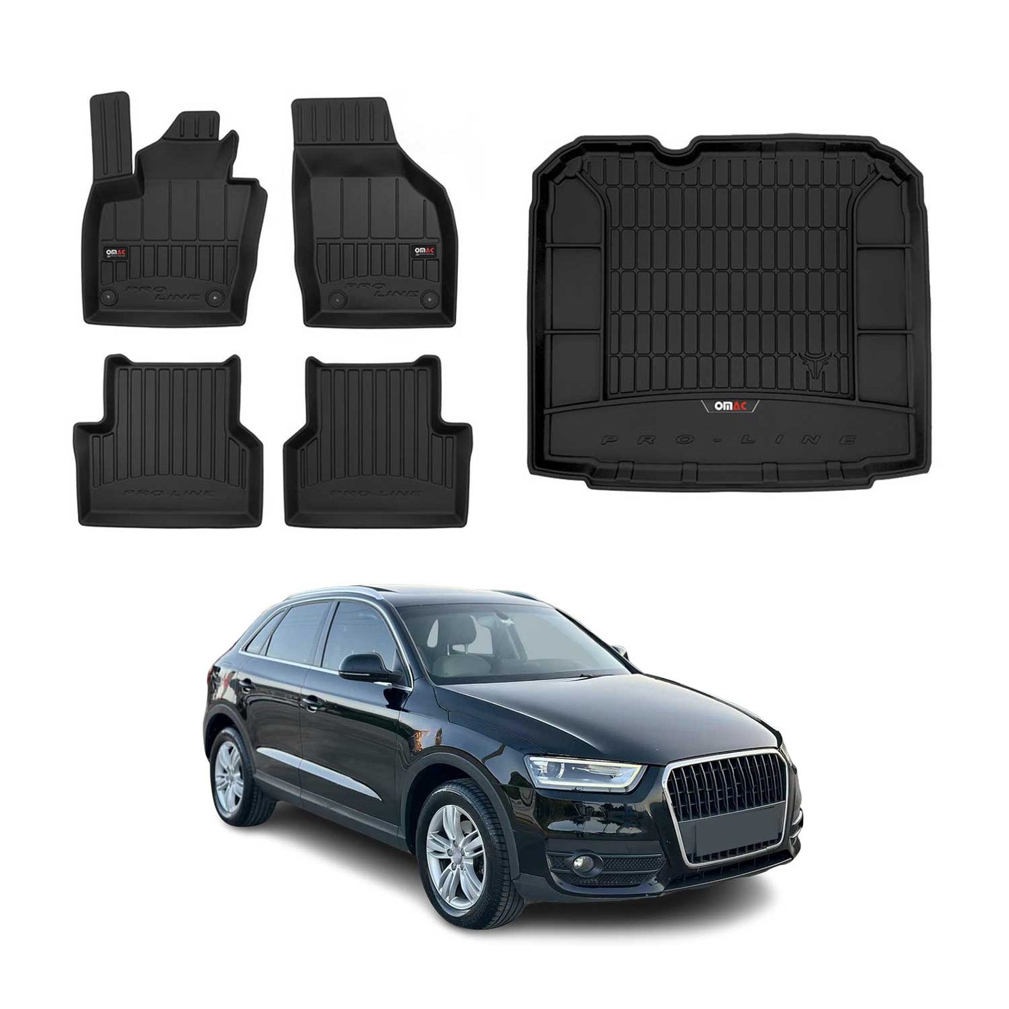 OMAC Fußmatten & Kofferraumwanne Set für Audi Q3 8U 2011-2018 Schwarz Gummi 5x