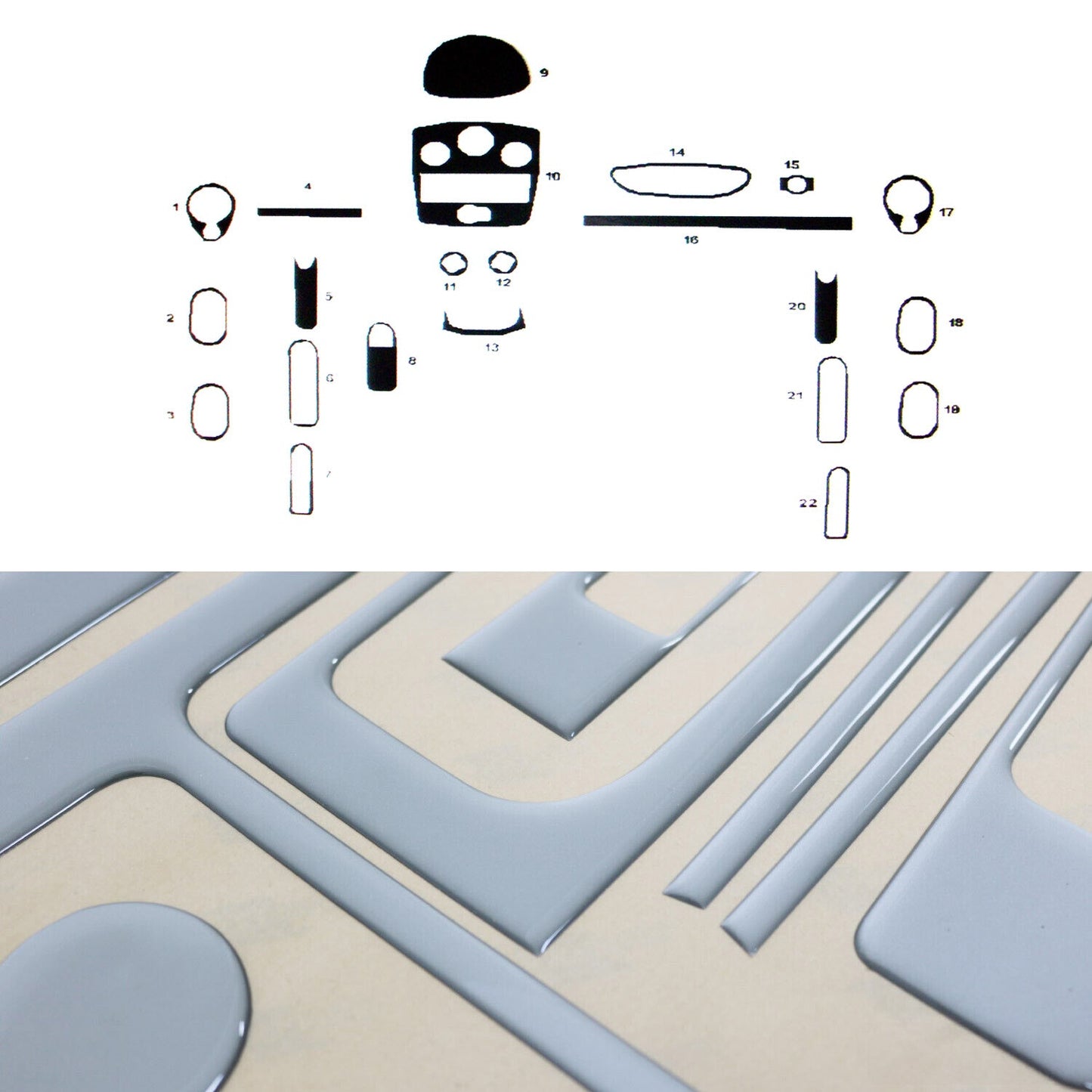 Ornamente interioare cockpit pentru Renault Clio 2007-2012, aspect aluminiu, 22 bucăți