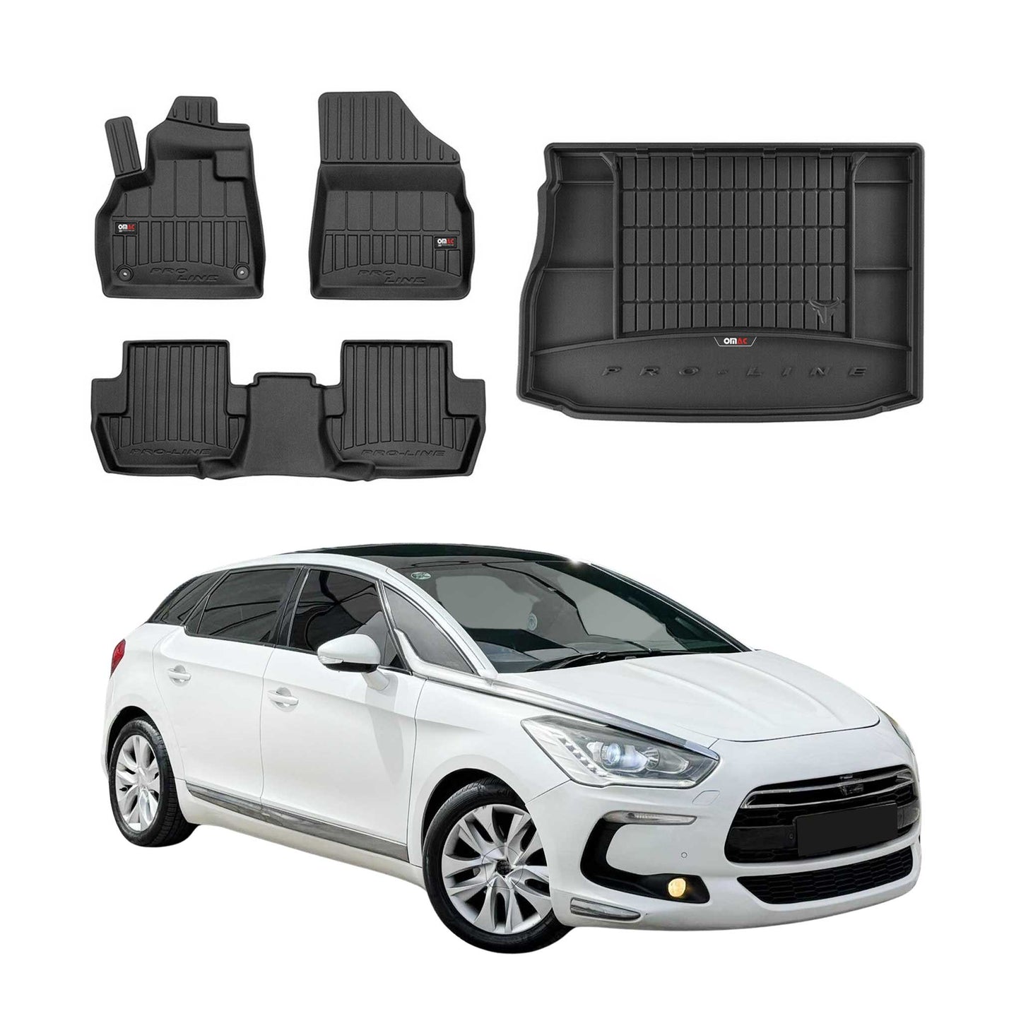 OMAC Fußmatten & Kofferraumwanne Set für Citroen DS5 2011-2015 Gummi Schwarz 4x