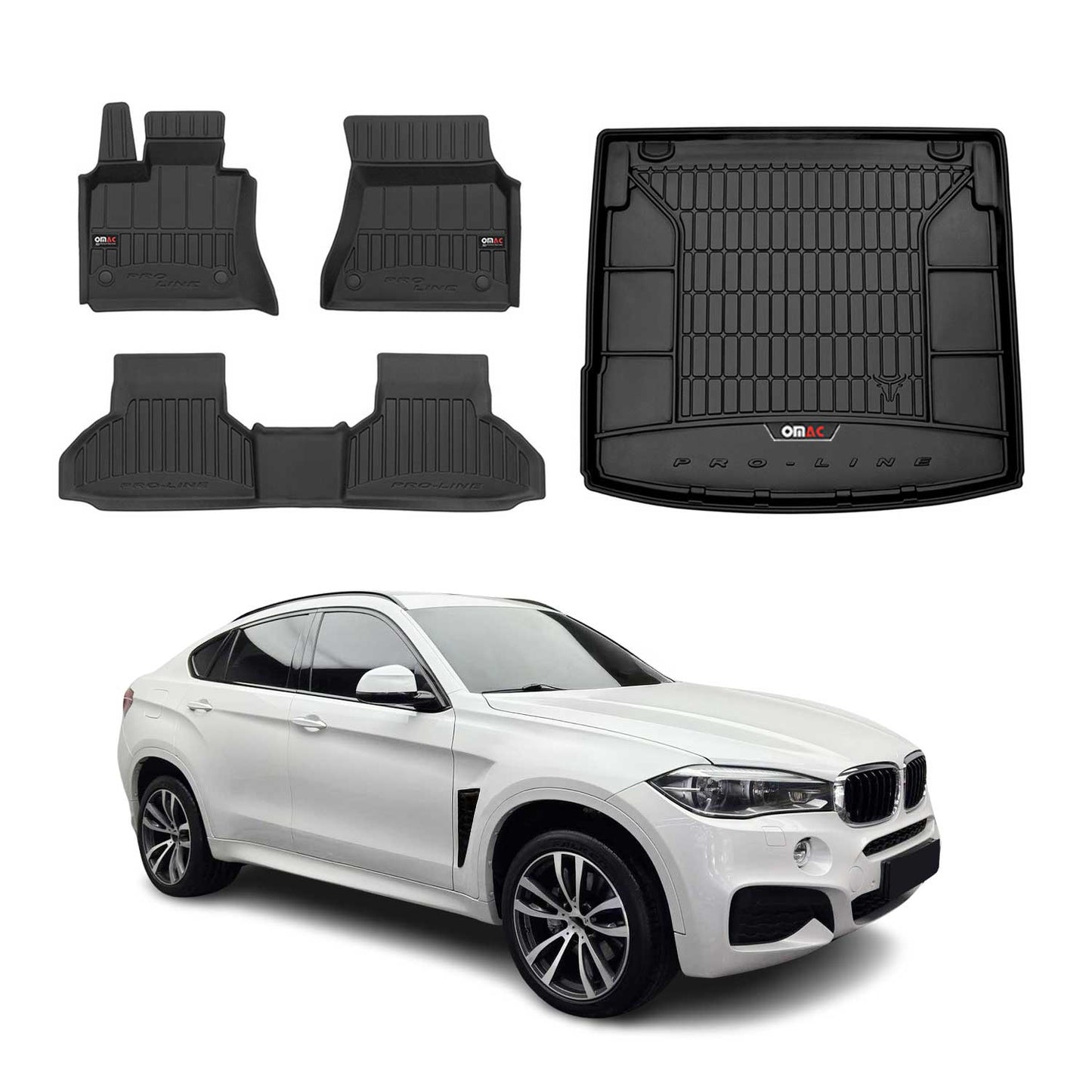 Zestaw dywaników podłogowych i wykładziny bagażnika OMAC do BMW X6 F16 2014-2019, guma, kolor czarny, 4 szt.