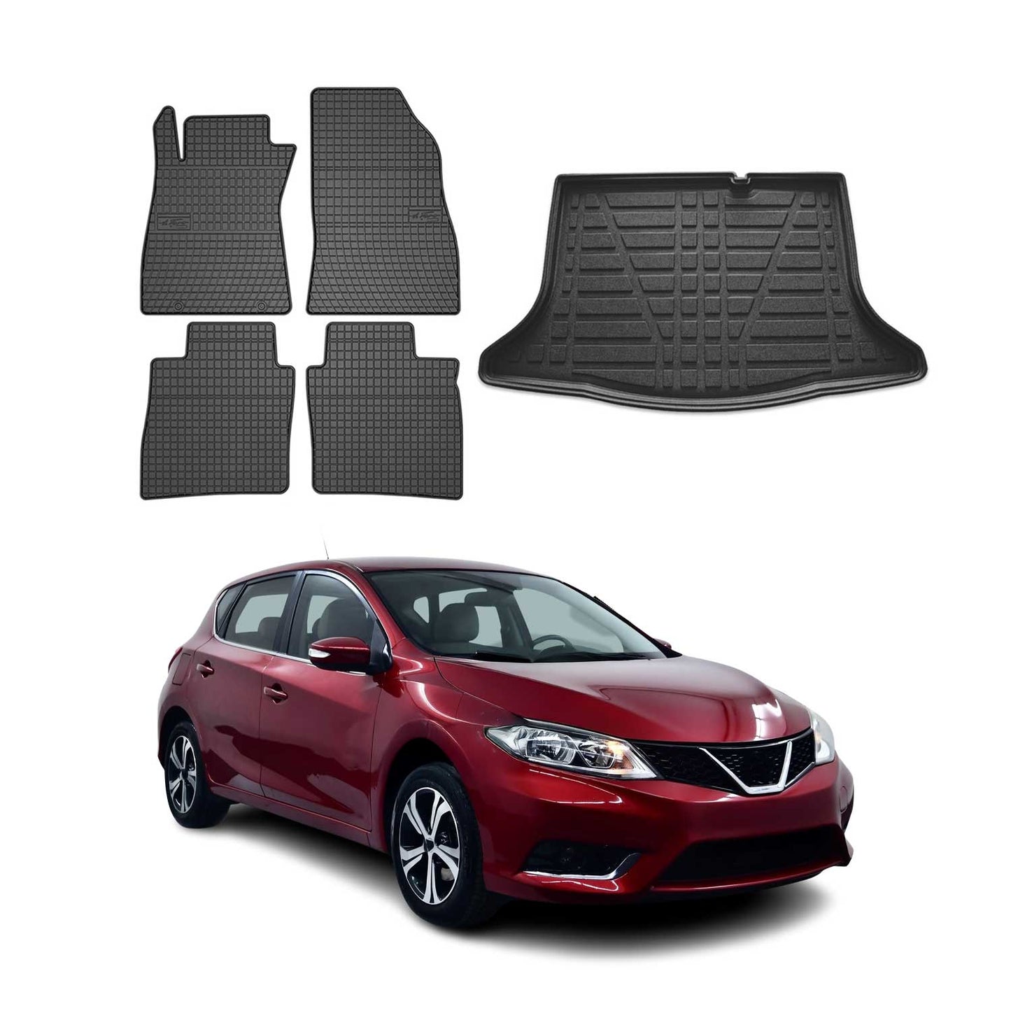 Set covorașe și portbagaj pentru Nissan Pulsar 2014-2025, cauciuc, negru, 5x