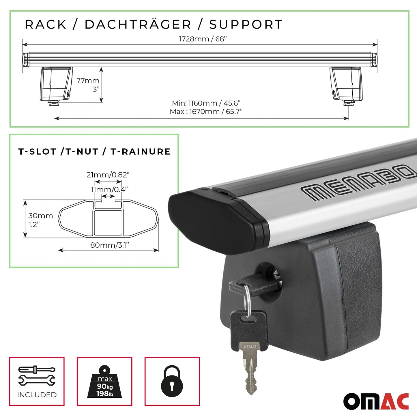 Menabo Dachträger für Universal Laderaumrollo-Querträger Ladeflächenträger 2x