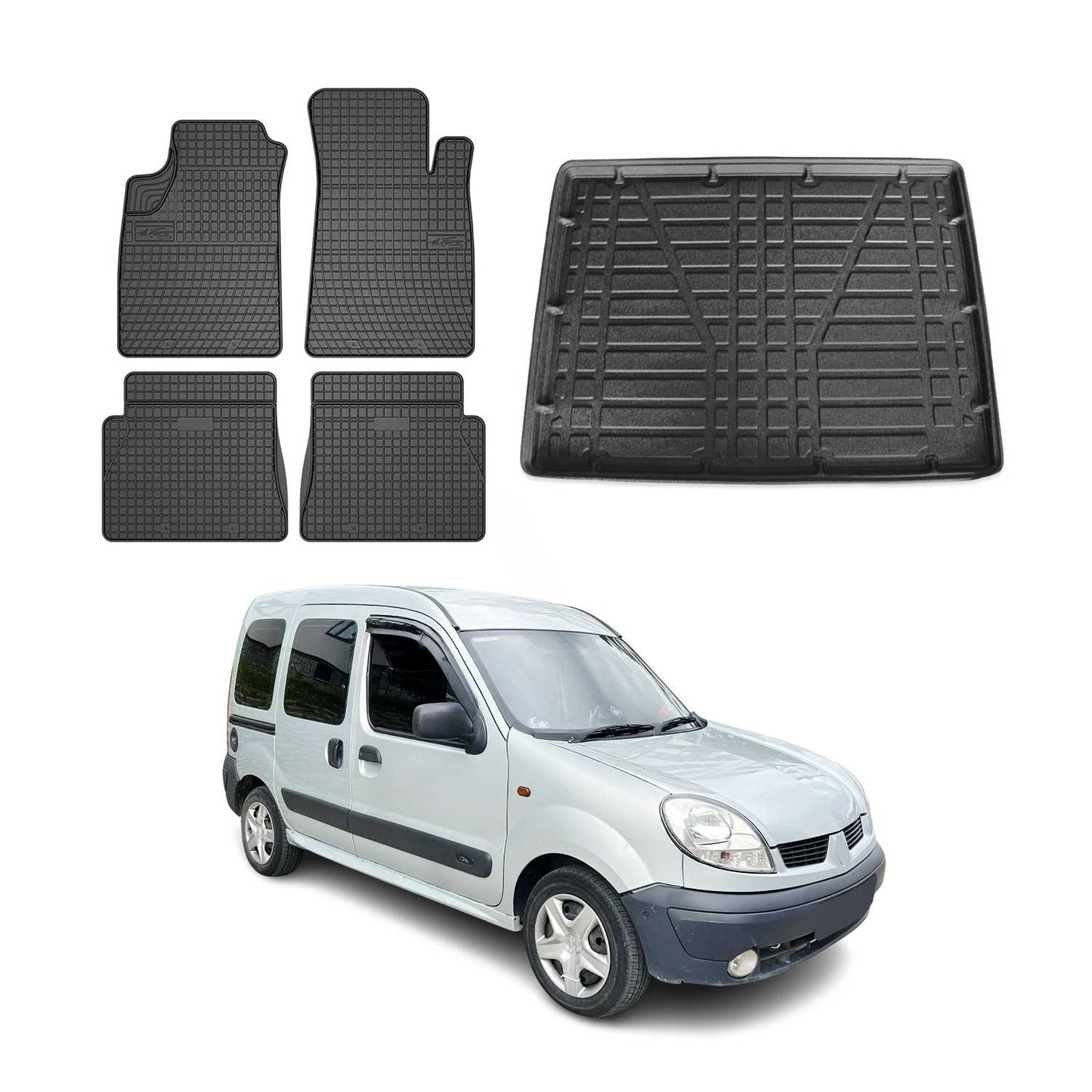 Set covorașe și portbagaj pentru Renault Kangoo 1999-2008, cauciuc, negru, 5x