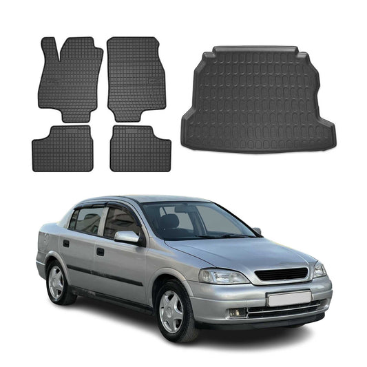 Set covorașe și portbagaj pentru Opel Astra G Sedan 1998-2004, cauciuc, 5x