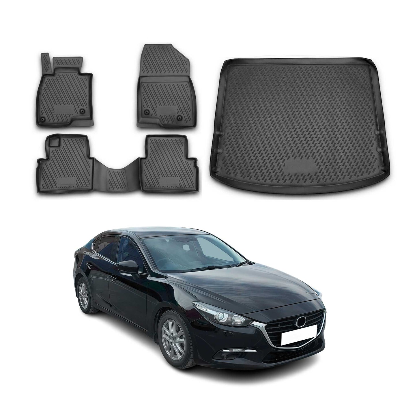Fußmatten & Kofferraumwanne Set für Mazda 3 2013-2021 Schrägheck TPE Schwarz