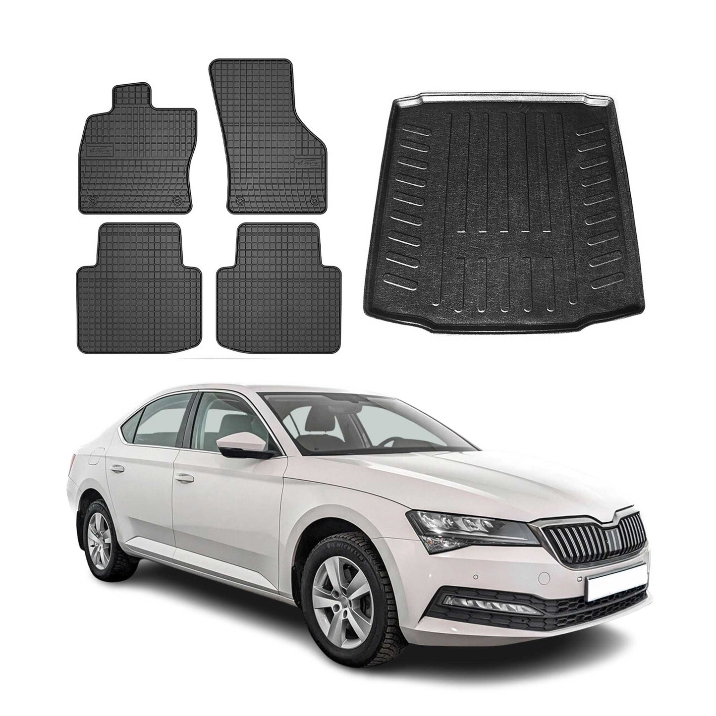 Fußmatten & Kofferraumwanne Set für Skoda Superb 2015-2025 Gummi TPE Schwarz 5x