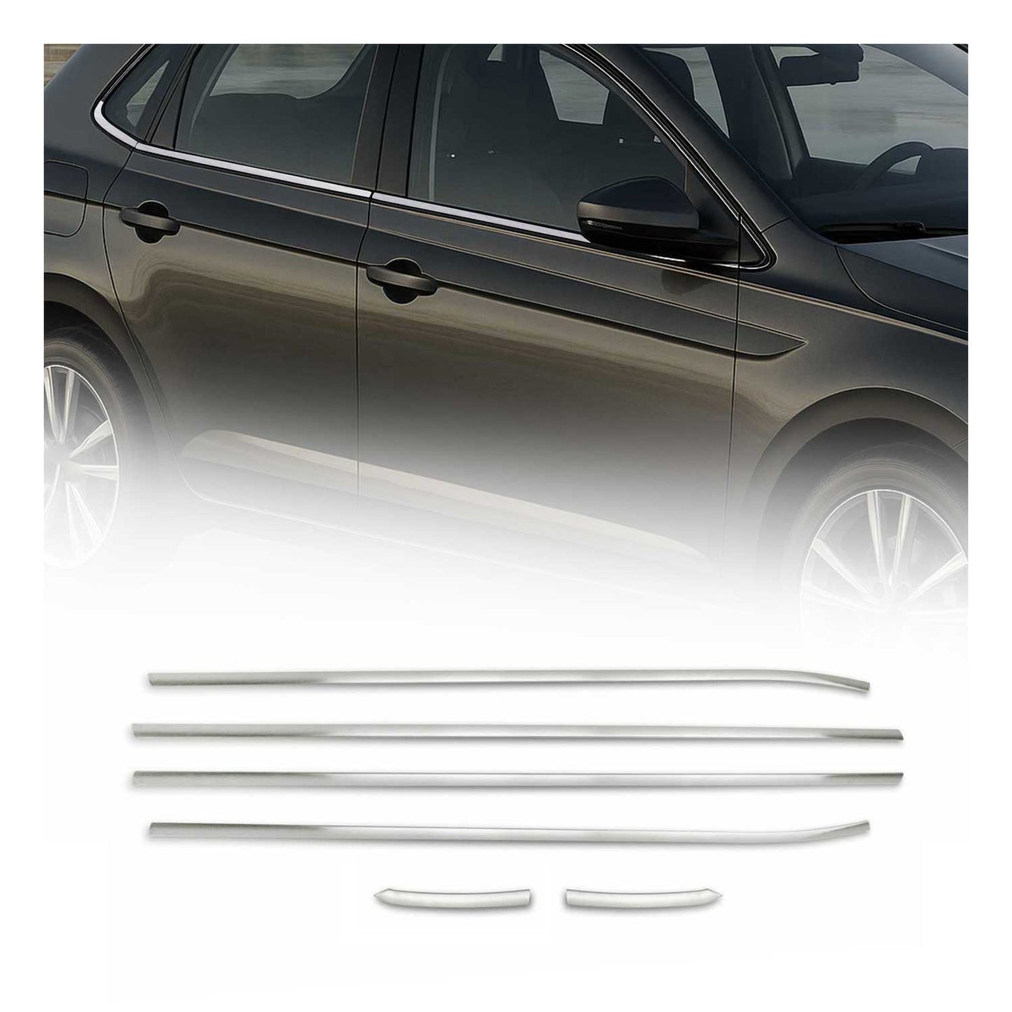 Benzi decorative pentru geamuri pentru VW Polo 6R 2009-2017, oțel inoxidabil periat, finisaj cromat, 6 buc.