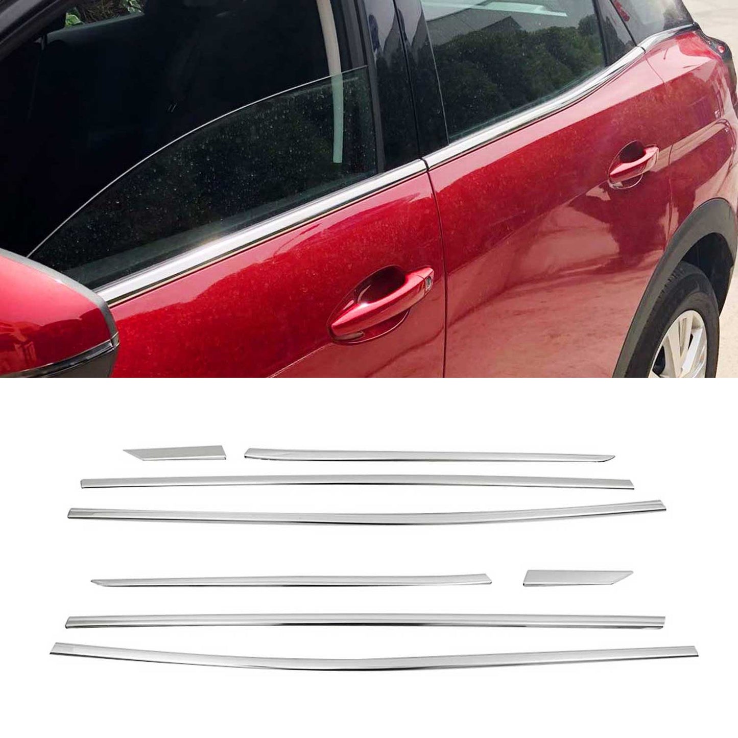 Benzi decorative pentru geamuri Peugeot 3008 2016-2025, oțel inoxidabil cromat, 8 bucăți