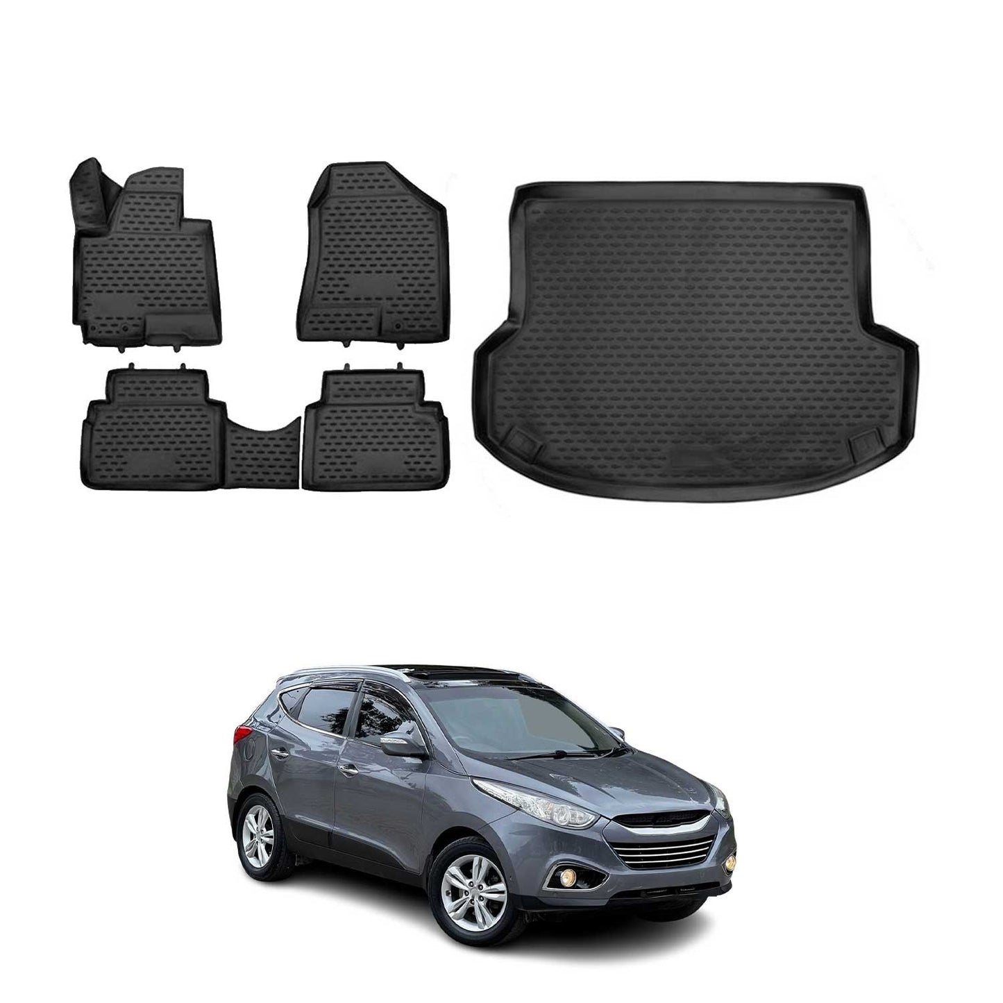 Set covorașe și tapițerie portbagaj pentru Hyundai ix35 2010-2015, cauciuc TPE, negru, 5 buc.
