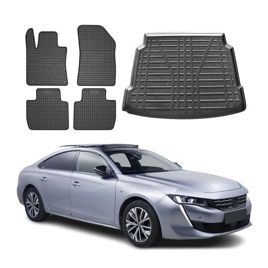 Set covorașe și portbagaj pentru Peugeot 508 Sedan 2018-2025, cauciuc, 5x