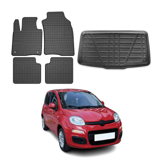 Set covorașe și portbagaj pentru Fiat Panda 2012-2025 5 uși cauciuc negru 5x
