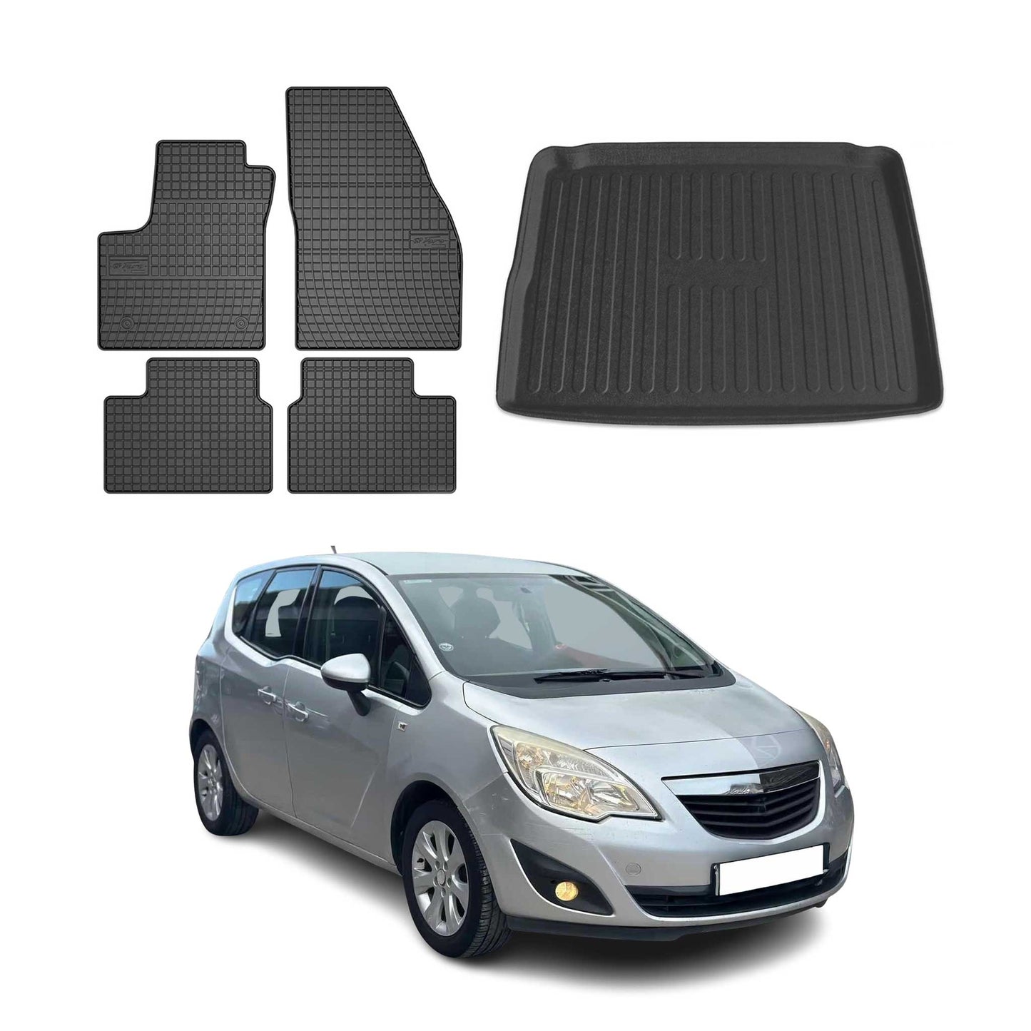 Set covorașe și portbagaj pentru Opel Meriva B 2010-2017, cauciuc, negru, 5 buc.
