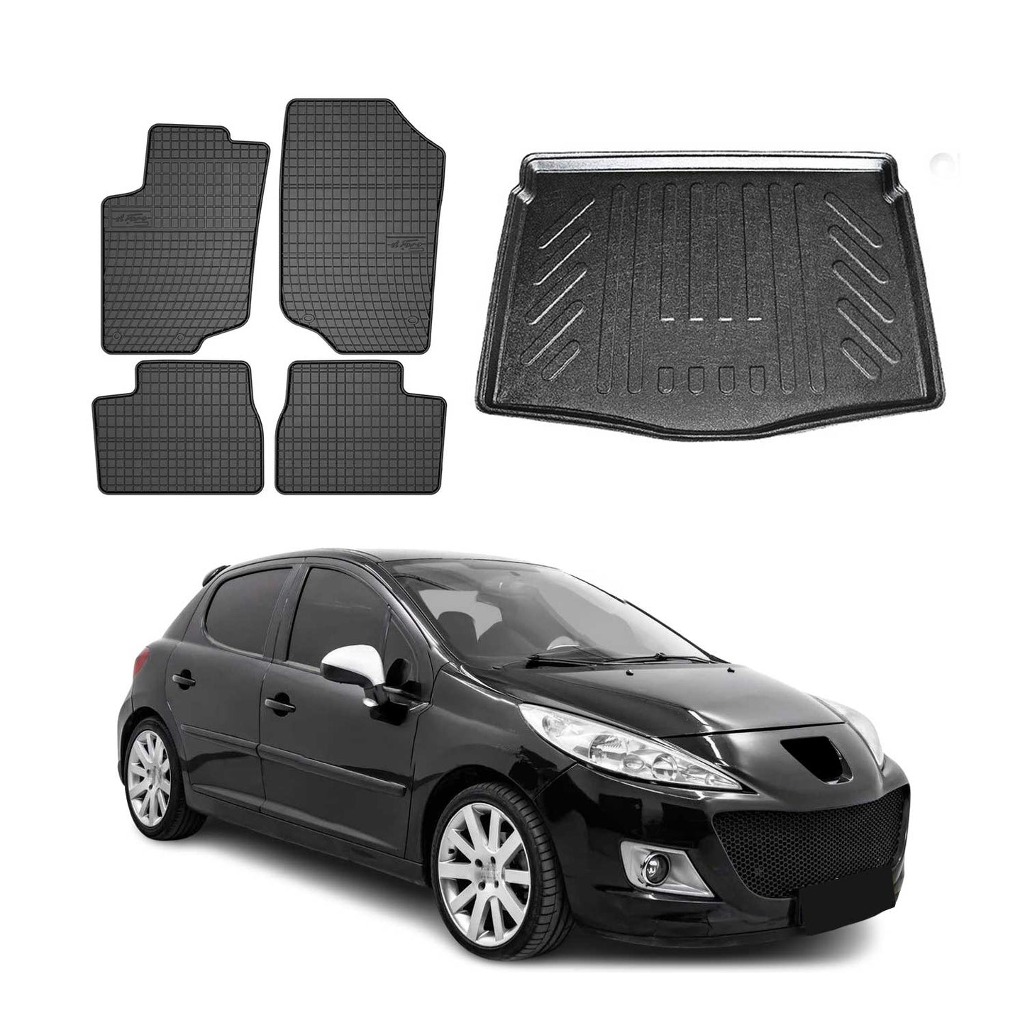 Set covorașe și tapițerie portbagaj pentru Peugeot 207 Estate 2006-2012, cauciuc, negru, 5x