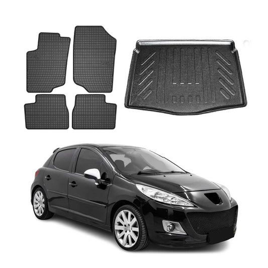 Set covorașe și tapițerie portbagaj pentru Peugeot 207 Estate 2006-2012, cauciuc, negru, 5x