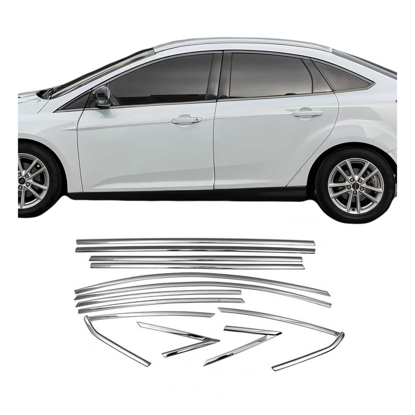 Ornamente/ramuri pentru geamuri Ford Focus 2011-2018 sedan, oțel inoxidabil, 12 buc.