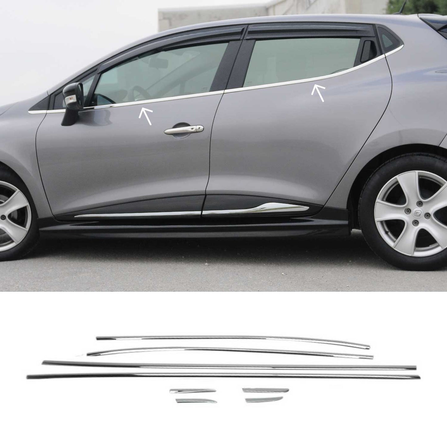 Benzi decorative pentru geamuri Renault Clio hatchback, oțel inoxidabil cromat, 8 bucăți