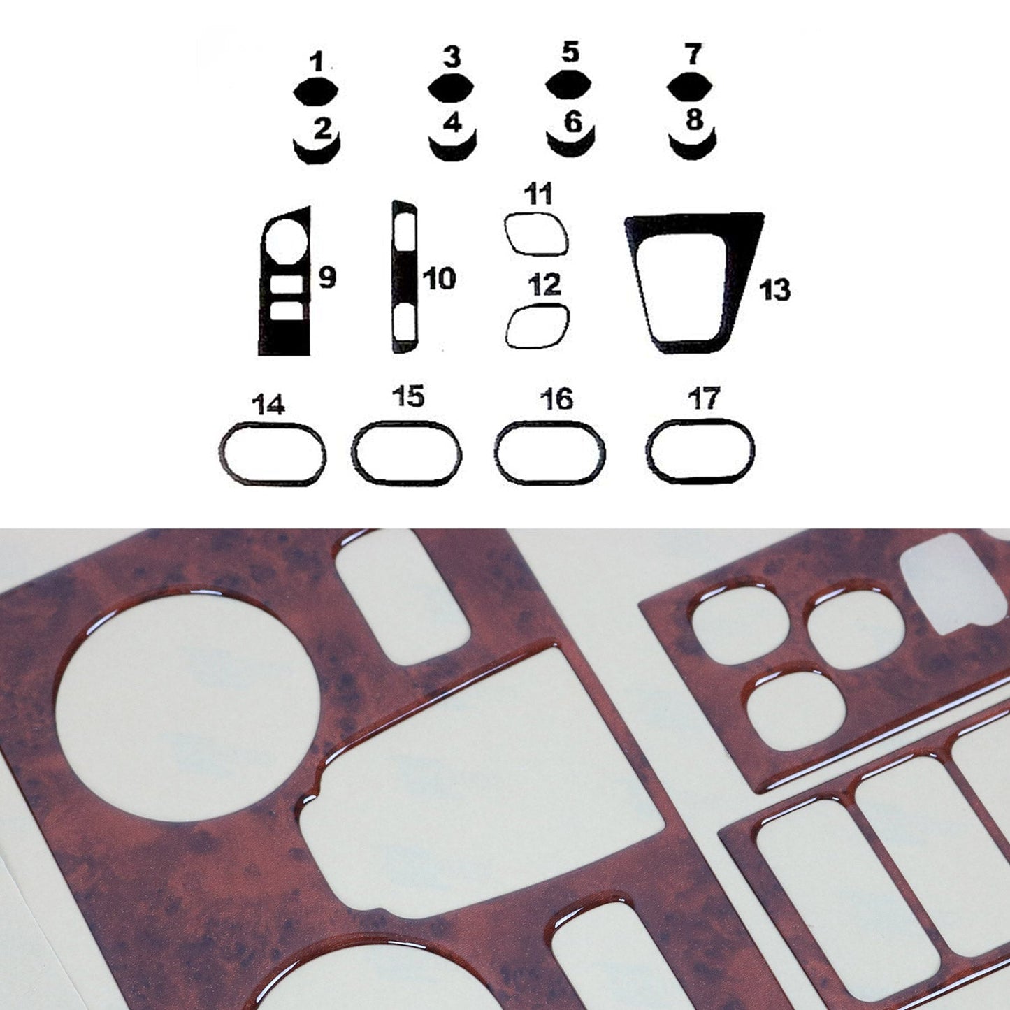Ornamente interioare cockpit pentru Dacia Lodgy 2012-2024, aspect lemn masiv, 17 piese