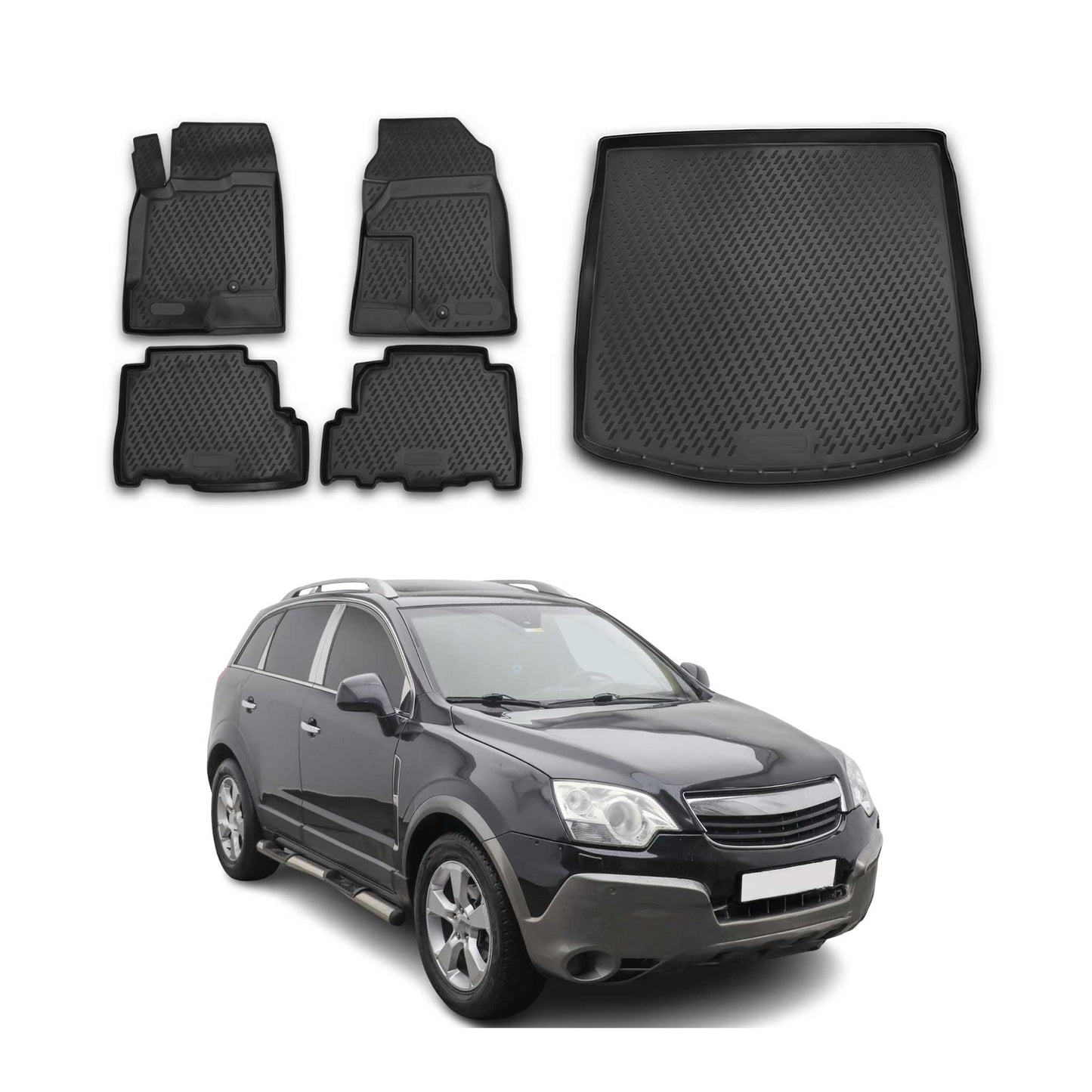 Set covorașe și tapițerie portbagaj pentru Opel Antara 2006-2017, cauciuc TPE, negru, 5x