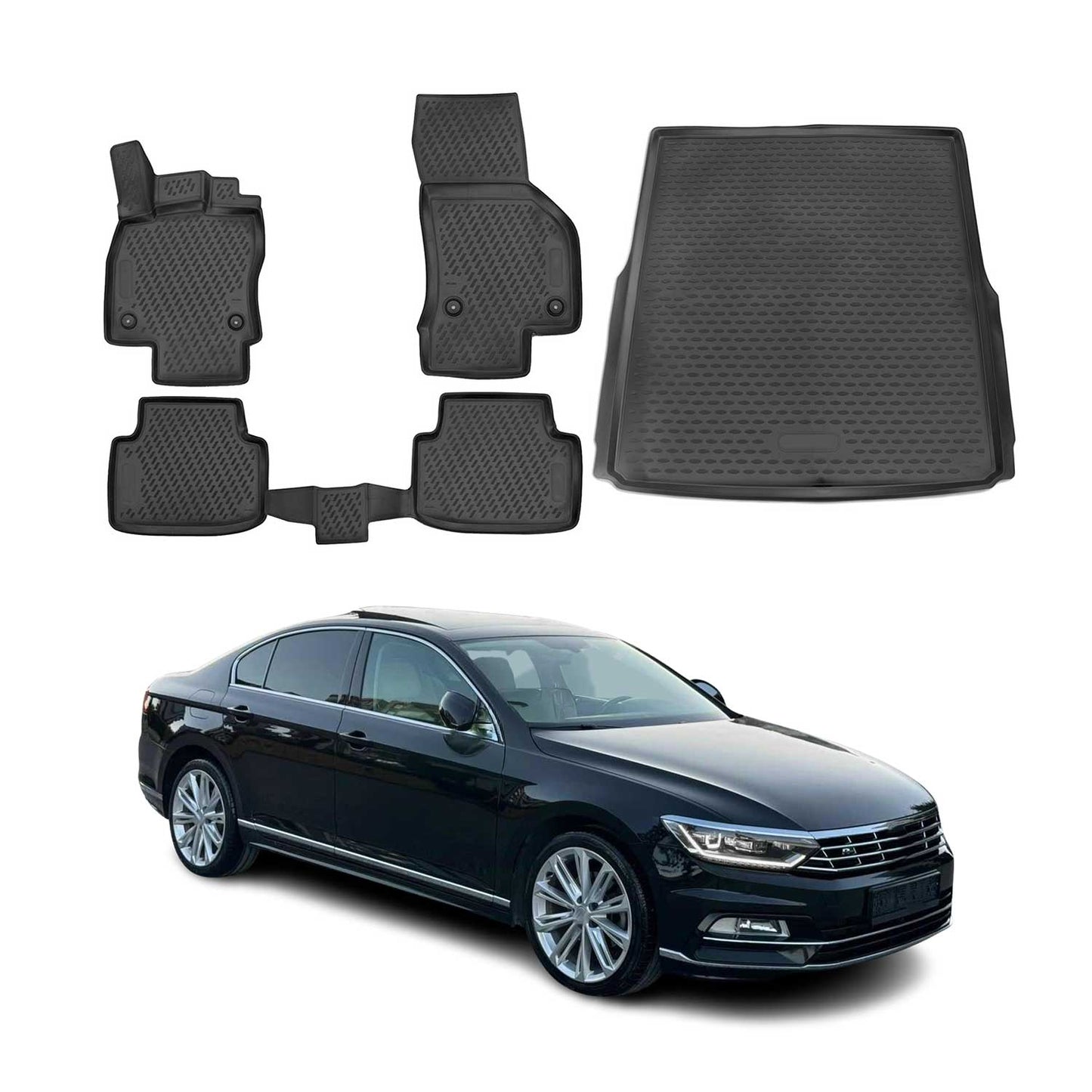 Fußmatten & Kofferraumwanne Set für VW Passat B8 Limo 2014-2019 TPE Schwarz
