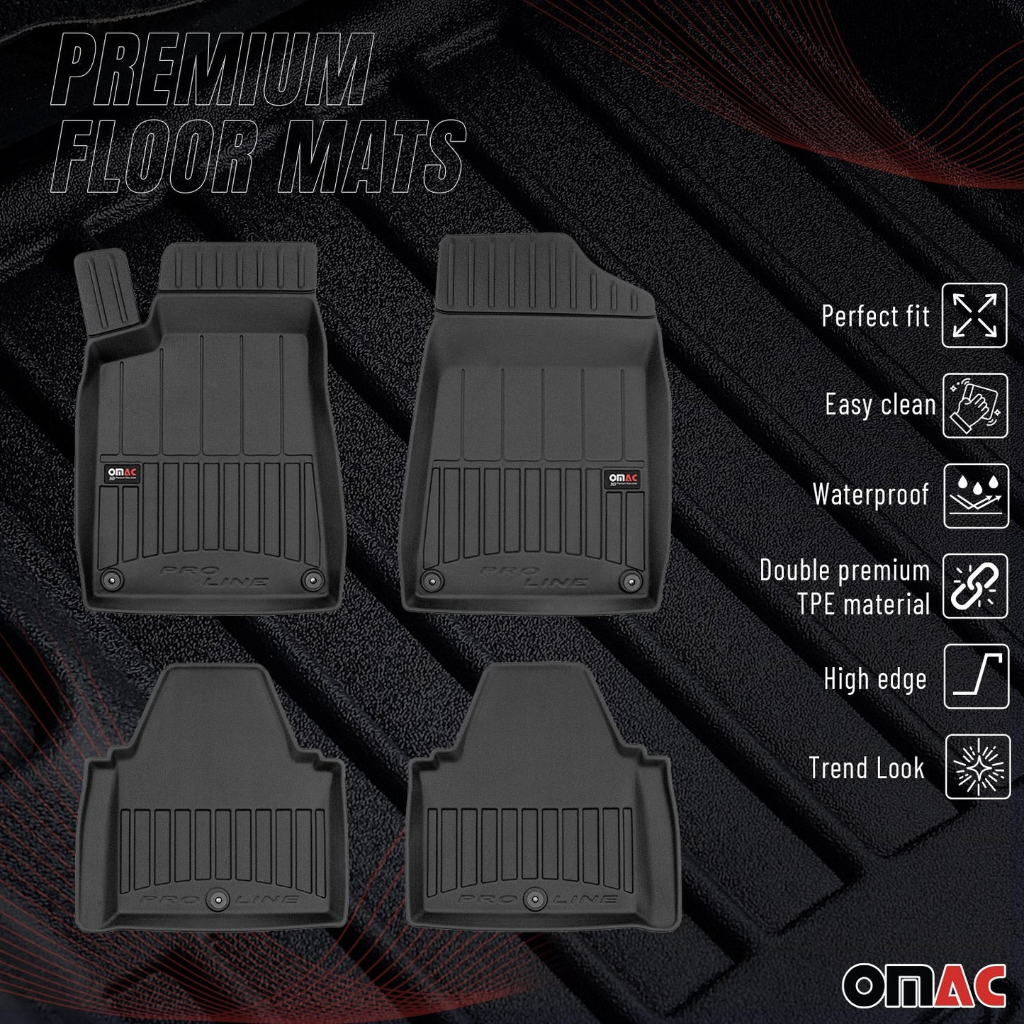 OMAC Gummi Fußmatten für Peugeot 607 1999-2010 Premium TPE Automatten Schwarz 4x