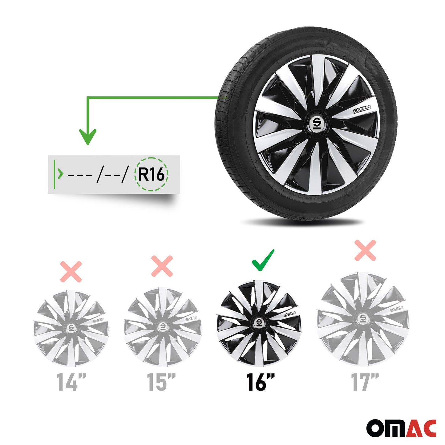 Radkappen Radzierblenden Sparco Lazio 16" Zoll Abdeckung Set Schwarz Silber 4x
